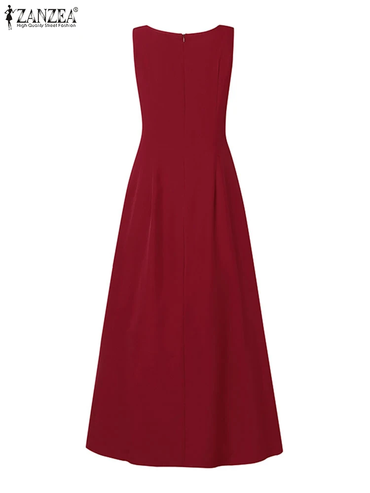 ZANZEA Vestito Da Partito Elegante Delle Donne 2025 Estate Senza Maniche Colletto Quadrato Sexy Increspato Maxi Vestito Estivo Casual Solido Abiti Lunghi Veste 5