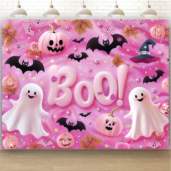 Fondale per feste di Halloween spettrale-Design rosa zucca e fantasma, sfondo fotografico Versatile in poliestere per la decorazione domestica 3