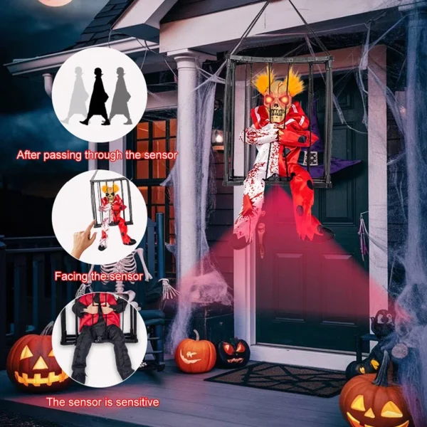 Decorazioni di Halloween fantasma urlante appendibile con sensore di movimento Occhio luminoso Suono Scheletro Gabbia Prigioniero Casa stregata Prop 5