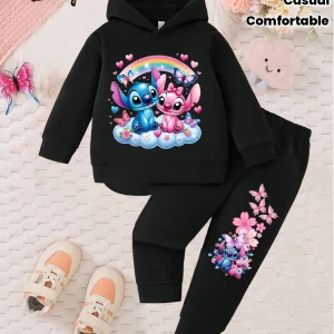 Set di pantaloni in peluche autunnali e invernali per bambini con stampa cartoon Disney Stitch, felpa sportiva casual in 2 pezzi per ragazzi e ragazze 1