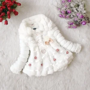 Moda bambini cappotto di pelliccia sintetica autunno inverno caldo peluche giacca bambino natale carino fiorellino pizzo principessa Outwear vestiti della ragazza del bambino 1
