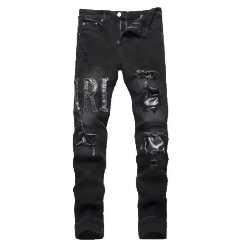 Jeans ricamati stile coreano alla moda Pantaloni elasticizzati slim fit a vita alta da uomo Pantaloni casual transfrontalieri alla moda con piedi piccoli 4