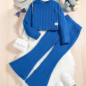 2 pezzi set di abbigliamento per bambini abiti per ragazze 2024 nuovo autunno inverno bambini moda maglia blu manica lunga top svasati pantaloni 7-14 anni 1