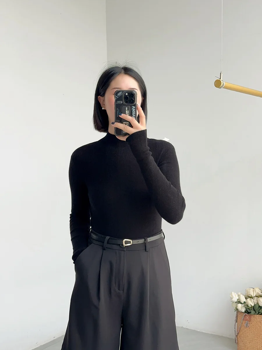 BirdTree, maglione sottile sottile sottile 100% lana, collo finto a maniche lunghe da donna, top elastico alto con fondo senza cuciture, autunno inverno 2025 T46985QM 2