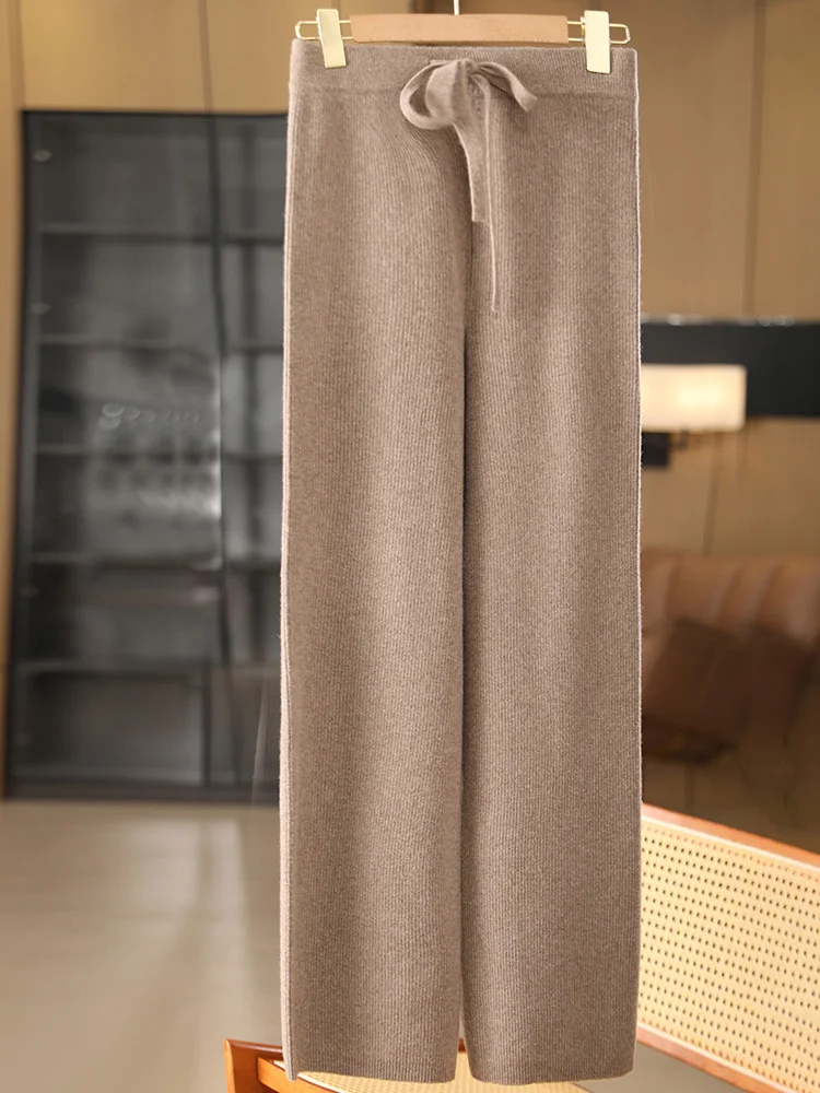Pantaloni larghi in lana da donna chic Vita elastica in cashmere a righe Autunno Inverno 100% lana merino Maglieria Pantaloni casual semplici 3