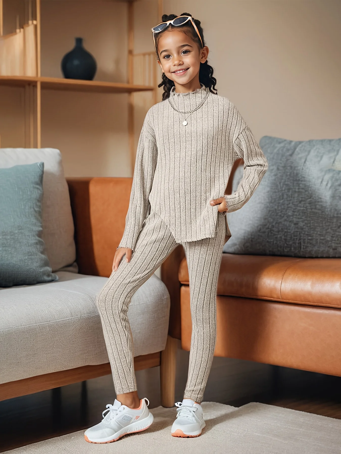 Abbigliamento per bambini Ins Ragazze Autunno Outfit Set Ragazze Manica lunga Split Knit Top Pantaloni skinny Due pezzi Bambini Autunno Inverno Abiti solidi 4