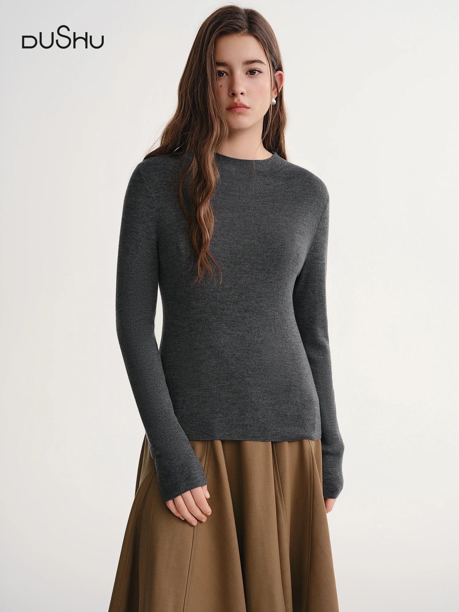 DUSHU T-shirt da donna in misto lana termica 2025 inverno caldo manica lunga lavorata a maglia strato base top multicolore casual confortevole 1