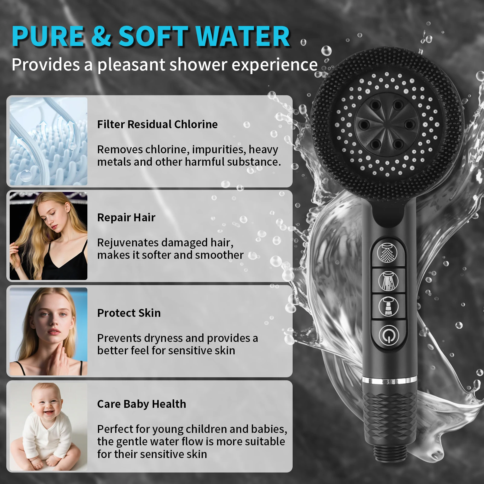 Soffione doccia per accessori da bagno 4 modalità di regolazione Soffione doccia Soffione pressurizzazione Manopole per massaggio Set di filtri Parti per docce 4
