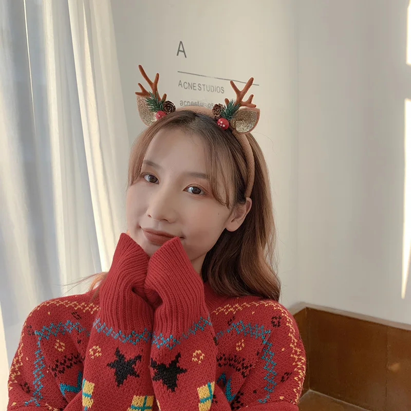 Fascia natalizia Corna di renna Corno Fiore Fascia per capelli Chiusura Copricapo per bambini Adulto Capodanno Navidad Party Halloween Cosplay 4