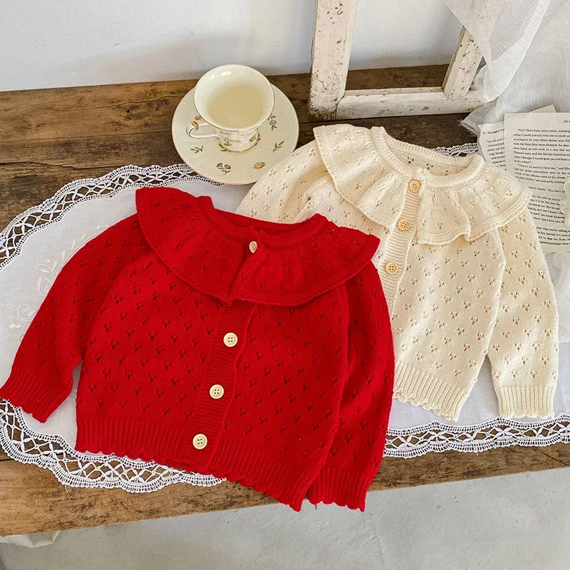 Autunno nuove ragazze Cardigan indumenti per bambini maglioni lavorati a maglia colletto arruffato neonate Cardigan cappotto per bambini giacca a maniche lunghe retrò 6