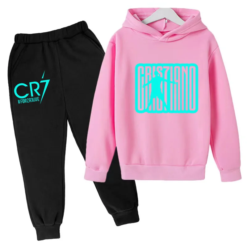 Abbigliamento per bambini 3-12Y felpa con cappuccio Football CR7 Print felpa Top + pantaloni 2P ragazzi ragazze bambino cappotto sportivo Set da Jogging Casual 3