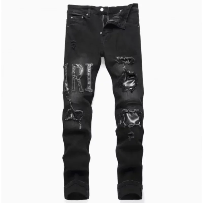 Jeans ricamati stile coreano alla moda Pantaloni elasticizzati slim fit a vita alta da uomo Pantaloni casual transfrontalieri alla moda con piedi piccoli 1