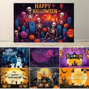 Compleanno di Halloween Banner Decor Sfondo per feste Cuore Teschio Ghirlanda Segno Sfondo Fondali di compleanno di Halloween Forniture per feste 1