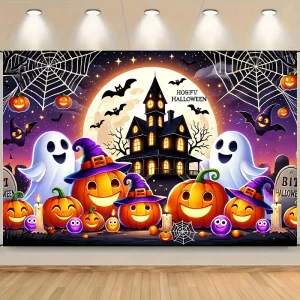 1 pezzo di stoffa per banner piatto 2D con fantasma di Halloween e zucca, decorazione horror, nessun potere richiesto-wzy 1