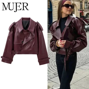MUJER Giubbotti bomber in ecopelle da donna Giacca corta moda Donna Streetwear Capispalla Giacca a maniche lunghe Cappotti da donna 1