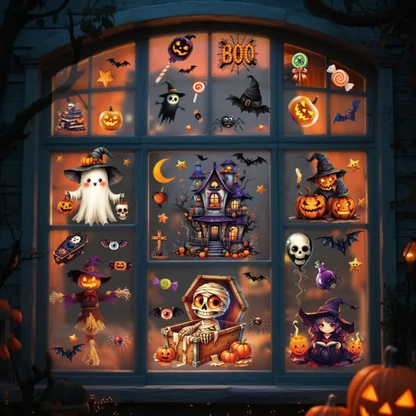 Vendita calda Fantasmi Fantasmi Testa di zucca Pipistrello Adesivi in vetro Halloween Horror Window Art - Adesivi riutilizzabili per un'atmosfera raccapricciante 1