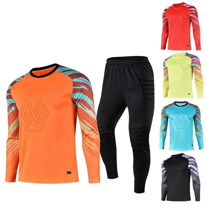 Nuovo uniforme da uomo per allenamento da calcio, uniforme da portiere, maglia da calcio per bambini, set di pantaloni protettivi in spugna a maniche lunghe 2