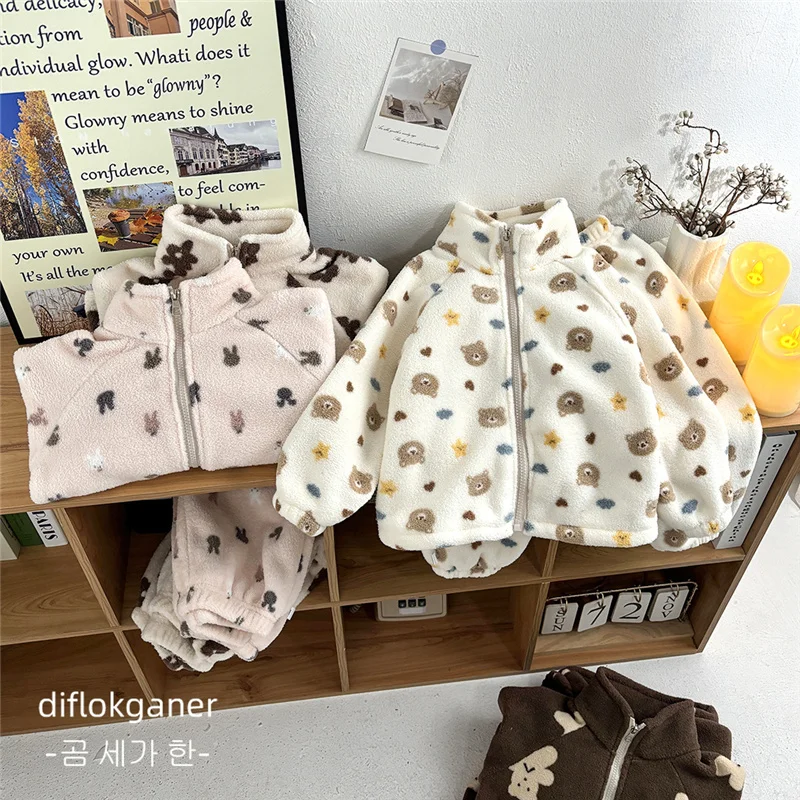 Inverno Peluche Calde Set Per Bambini Del Fumetto di Spessore Pigiama Abiti Ragazze Dei Ragazzi In Pile Manica Lunga Casa Indossare Abiti Per Bambini Vestiti 1-10Y 3