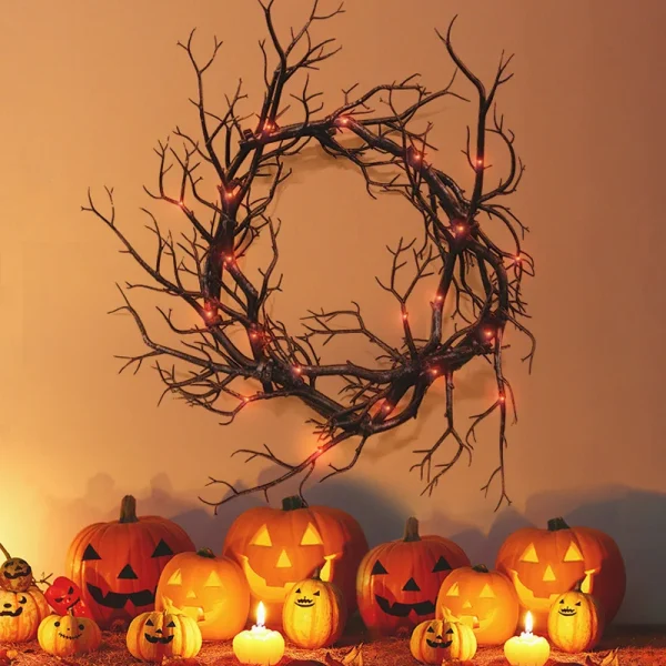 Decorazione di Halloween ghirlanda ramo nero con corde a LED ragno luce alimentata a batteria per la decorazione della parete della porta d'ingresso della casa del partito 6