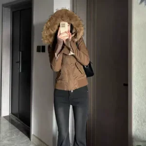 Capispalla moda Giacche marroni Cappotto da donna Slim Fit Colletto in pelliccia vintage Kpop Femme Abiti con cerniera Harajuku Y2k High Street Top 1