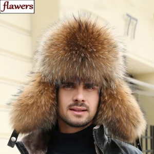 Nuovo inverno uomo 100% vero argento pelliccia di volpe Bomber cappello pelliccia di procione Ushanka Cap Trapper uomo russo cappelli da sci berretti vera pelle 1