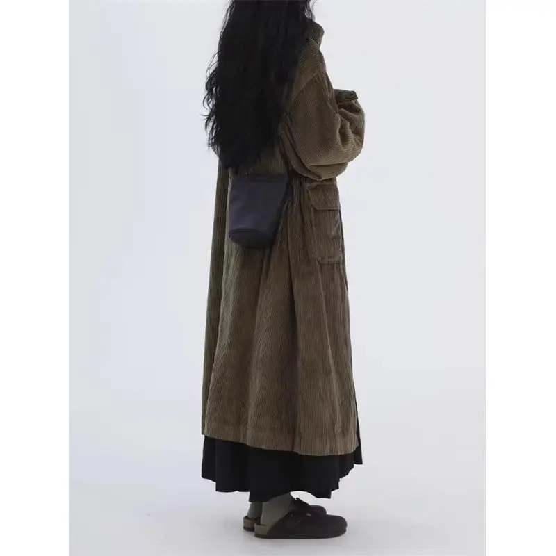 Giacca a vento medio lunga in velluto a coste di cotone per donna Autunno/Inverno 2024 Cappotto con colletto alla coreana artistico vintage Cappotto A389 4