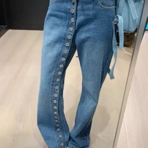 Jeans multi-bottone dal design retrò di nuova moda per le donne Pantaloni larghi a gamba dritta a vita alta slim 1