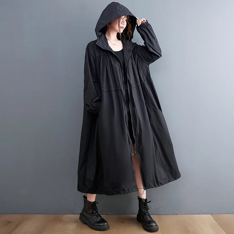 2024 autunno inverno Trench lungo con cappuccio oversize per abbigliamento donna moda coulisse nero Casual allentato capispalla Cardigan 5