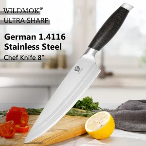 WILDMOK Coltello da cuoco, Coltello da taglio da 8 pollici Coltello da cuoco affilato Acciaio tedesco con manico ergonomico Super confortevole 1