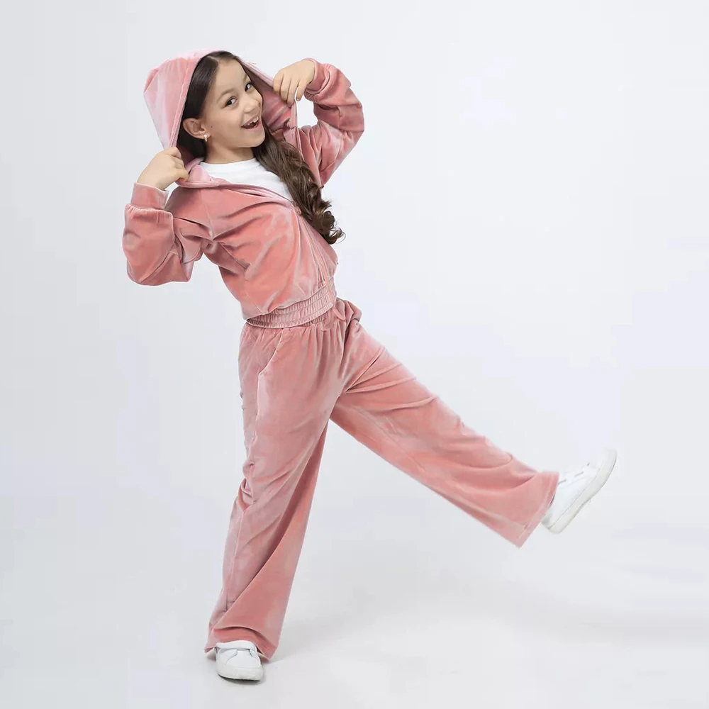 2 pezzi 2025 moda bambini ragazze velluto tuta bambino cerniera up giacche con cappuccio cappotto + pantaloni set inverno bambini tute abiti 5