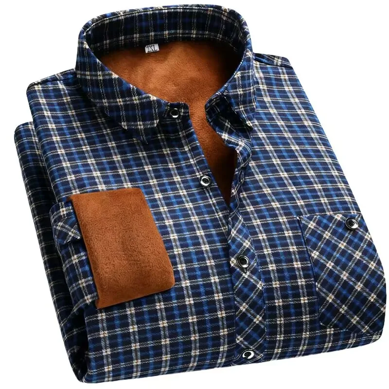 Camicia invernale da uomo 2025 Camicia da papà in flanella scozzese calda spessa foderata in pile per uomo maturo Camicia casual a maniche lunghe con colletto rovesciato 2