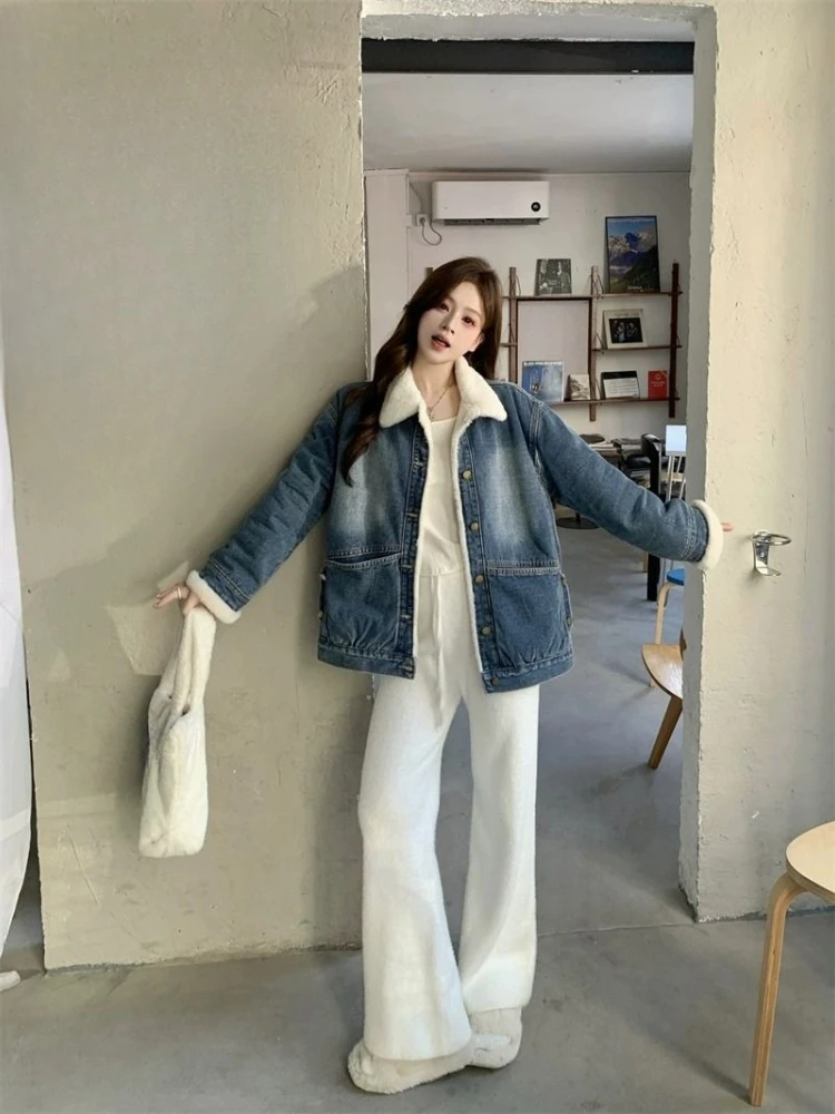 Giacca di jeans ispessita in velluto più da donna - Cappotto invernale caldo stile coreano oversize casual lavato con acqua 6