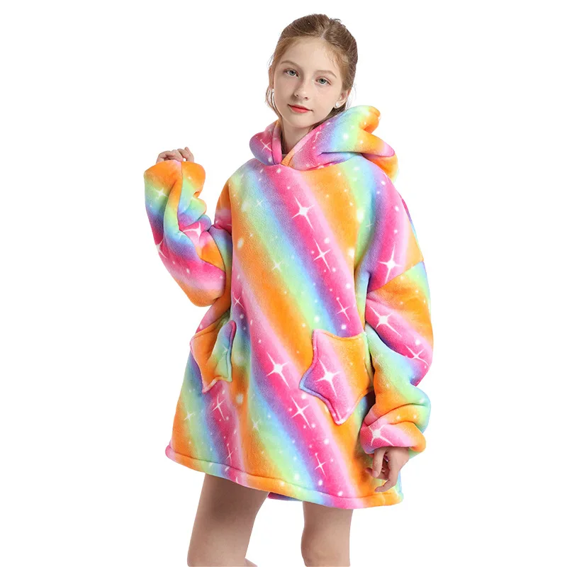 Inverno caldo pile un pezzo felpe con cappuccio bambini oversize felpa con cappuccio indossabile TV coperte ragazzi mucca rana cane Kigurumi felpa con cappuccio 5