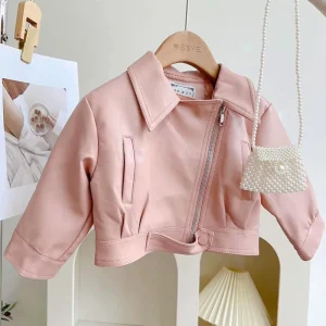 Primavera Autunno Nuova Moto Giacca di Pelle per Ragazze Stile Corto Risvolto Bello Cappotto con Cerniera per 2-8Y Bambini Moda Pu Capispalla 1