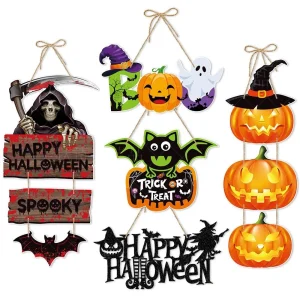 Pendenti pendenti per porta di Halloween Teschio di zucca Pipistrello spettrale Ornamenti a goccia di carta Dolcetto o scherzetto Happy Halloween Decorazioni per feste fai da te 1