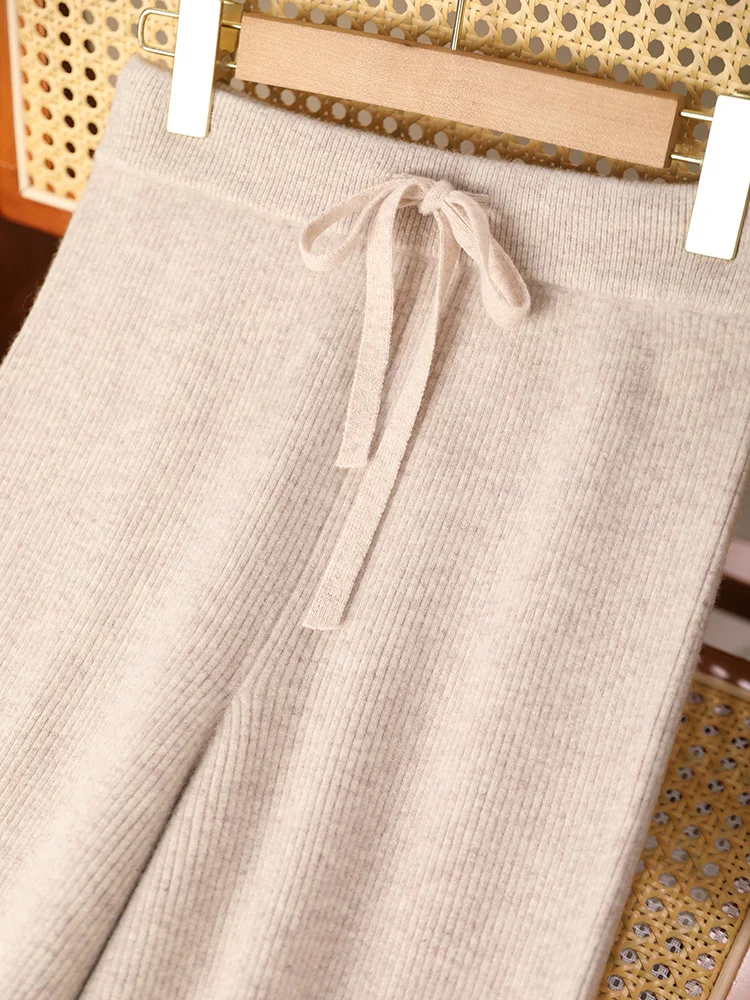 Pantaloni larghi in lana da donna chic Vita elastica in cashmere a righe Autunno Inverno 100% lana merino Maglieria Pantaloni casual semplici 6