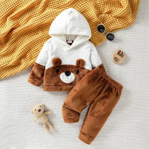 2025 Cute Baby Boys e Girls 2PCS Set di abbigliamento modello cartone animato con cappuccio a maniche lunghe in peluche vestito invernale caldo per 0-1Y 1
