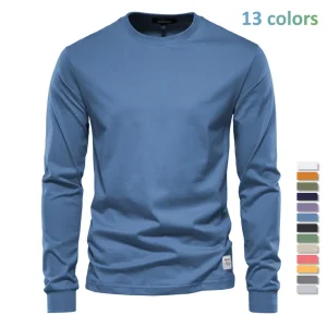 AIOPESON maglietta in cotone tinta unita da uomo Casual o-collo a maniche lunghe magliette da uomo primavera autunno T-Shirt Basic di alta qualità maschile 1