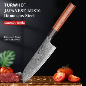 TURWHO 7 "Coltello Santoku Coltelli da cucina in acciaio damasco giapponese Coltelli da cucina affilati fatti a mano Utensili da cucina Manico ottagonale classico 1