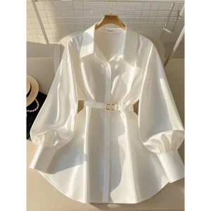 Abbigliamento donna Camicia ampia temperamento bianco Top Primavera Autunno Nuovo collo a polo Manica lunga Camicetta elegante solida Moda vintage 1
