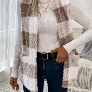 Giacca casual taglie forti 1XL-5XL Giacca da donna con stampa scozzese in pile con scollo tondo aperto sul davanti 1