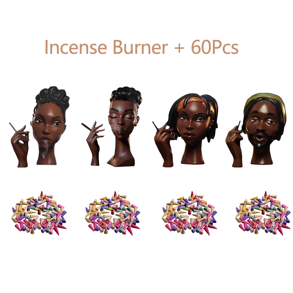 NUOVO bruciatore di incenso testa porta incenso in resina per viso da donna nera con 60 coni di incenso per camera da letto ufficio casa 2