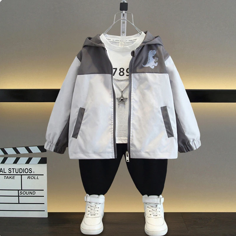 2025 Nuova Primavera Autunno Ragazzi Giacca Dinosauro Stampa Giacca a vento Con cappuccio Cerniera Ragazzi Cappotto Regalo di compleanno 2-12 anni Abbigliamento per bambini 3