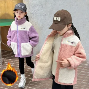 Giacche calde in lana d'agnello per ragazze Bambini Autunno Inverno Capispalla Bambini Plus Cappotti di velluto Nuovi vestiti imbottiti alla moda per adolescenti 1