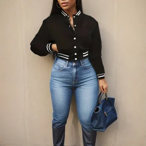 Giacca da baseball monopetto da donna in puro colore europeo e N primaverile e autunnale 1