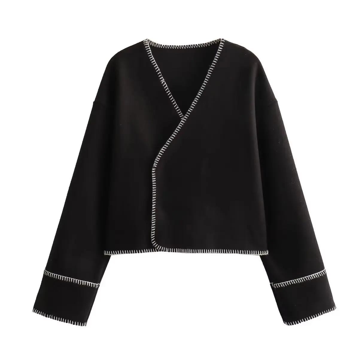 2024 nuove donne moda linea di contrasto decorazione scollo a V giacca Casual capispalla femminile Chic autunno Kimono cappotto top 6