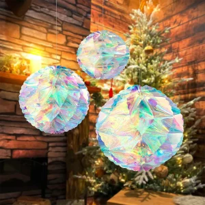 6 pezzi di palline natalizie a nido d'ape iridescenti, ornamenti appesi, palline in alluminio iridescente fai da te per matrimoni, compleanni, decorazioni per feste di Natale 1