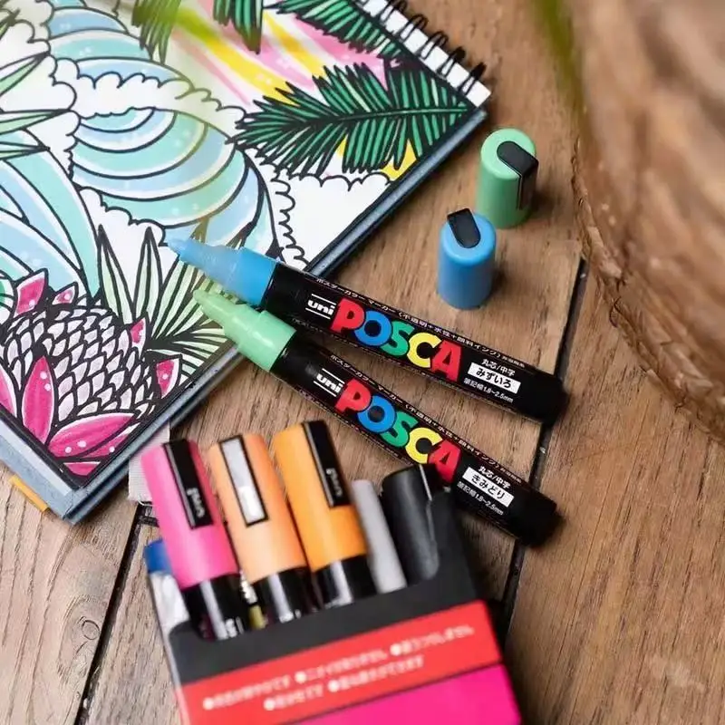 Giappone Uni POSCA Pennarelli Set Penna per vernice acrilica a base d'acqua Pittura su roccia PC-1M PC-3M PC-5M PC-8K PC-17K Gamma di colori completi Disegno 4