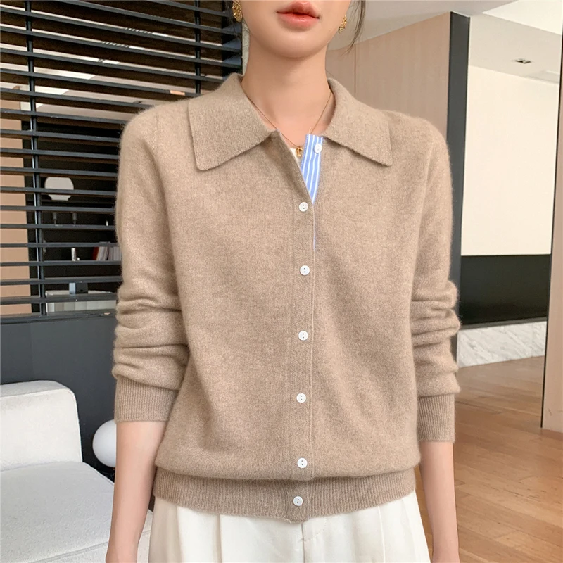 Camicia con colletto polo da donna Cardigan Maglione di lana merino Manica lunga Color Bar Abbigliamento Primavera Autunno Maglieria calda Top femminile 1