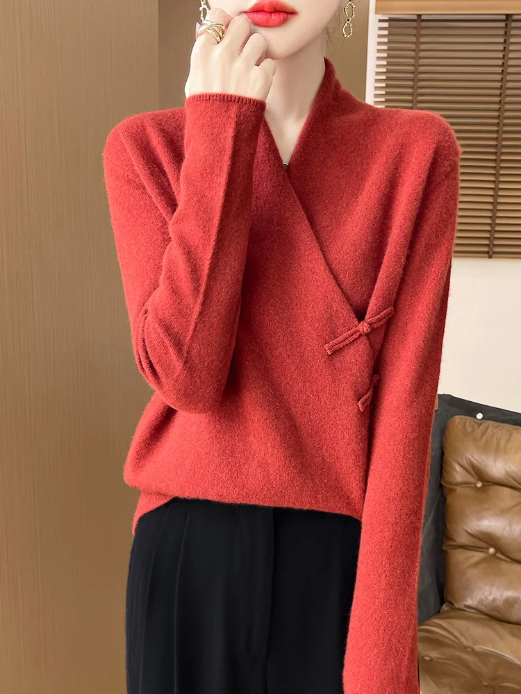 Maglione da donna in stile cinese Pullover Abbigliamento obliquo Autunno Inverno 100% maglione di lana merino con scollo a V Maglia sexy da ufficio Lady Top 3